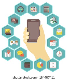 Conceptual illustration of a tablet with icons of different types of applications in hexagons
