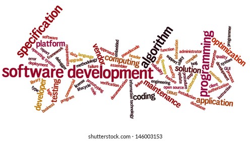 Conceptual illustration of tag cloud containing words related to software development and engineering, programing, coding, computing and software applications. Also available as raster.