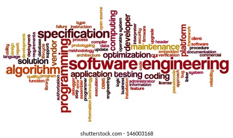 Conceptual illustration of tag cloud containing words related to software development and engineering, programing, coding, computing and software applications. Also available as raster.