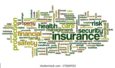 Conceptual illustration of tag cloud containing words related to insurance, property, financial, health and home security, risk management in insurance industry, etc.