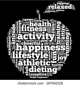 Conceptual illustration of tag cloud containing words related to healthy lifestyle in the shape of an apple. White letters on black background.