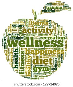 Conceptual illustration of tag cloud containing words related to diet, wellness, fitness and healthy lifestyle in the shape of an apple.