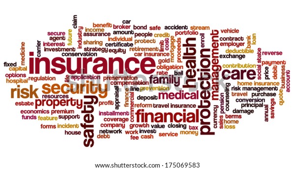 Conceptual illustration of tag\
cloud containing words related to insurance, property, financial,\
health and home security, risk management in insurance industry,\
etc.