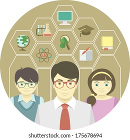 Conceptual illustration of a teacher and pupils with education icons in hexagons