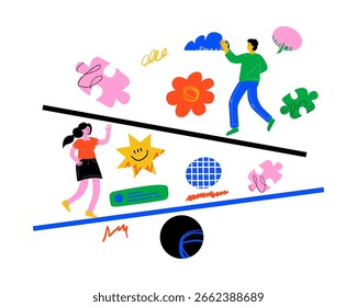 A conceptual illustration of a team balancing and adjusting workflows. It symbolizes project management, problem-solving, and process optimization.