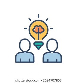 Conceptual illustration of teamwork, collaboration, and brainstorming. Features two people with a lightbulb above them. Modern flat style design.