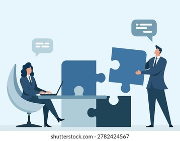 Conceptual illustration of teamwork and strategy. Colleagues communicate and assemble giant puzzle pieces, representing successful business integration