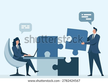 Conceptual illustration of teamwork and strategy. Colleagues communicate and assemble giant puzzle pieces, representing successful business integration