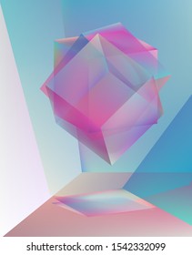Conceptual illustration of tesseract or hypercube, four-dimensional analogue of the cube. Surreal floating 3d prism dispersing light.