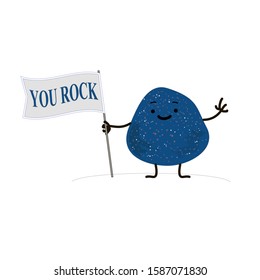 Conceptual illustration with text You Rock. American slang on a white. Cartoon cute stone in trendy color 2020 year classic blue with a flag in hand. Motivational card for valentiene day, father`s day