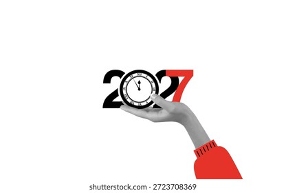 Conceptual illustration of time and future with human hands holding a clock and number 2027. Symbol of deadline, planning, countdown and new year concept. Modern graphic style.