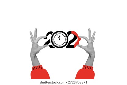 Ilustración conceptual del tiempo y el futuro con las manos humanas sosteniendo un reloj y el número 2027. Símbolo de fecha límite, planificación, cuenta regresiva y concepto de año nuevo. Estilo gráfico moderno.