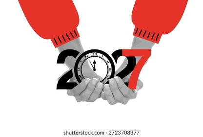 Conceptual illustration of time and future with human hands holding a clock and number 2027. Symbol of deadline, planning, countdown and new year concept. Modern graphic style.