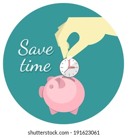 Conceptual illustration of the time saving with a hand putting a clock in a piggy bank