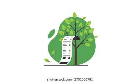Konzeptuelle Illustration eines Baumes, der eine lange Papierquittung anbaut und die Umweltkosten des Konsums und der grünen Finanzierung symbolisiert.