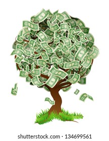A conceptual illustration of a tree growing money in the form of dollar notes. Concept for profit or economic growth, earning interest or similar growing your money type theme.