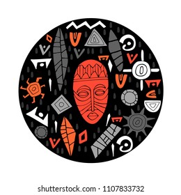 Conceptual  illustration with tribal African  mask and different decorative items. Hand drawn round template. Doodle style. Vector.