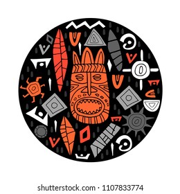Conceptual  illustration with tribal African  mask and different decorative items. Hand drawn round template. Doodle style. Vector.