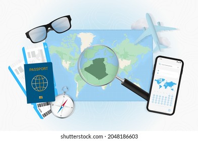 Conceptual illustration of a trip to Algeria with travel gear. World map with compass, passport, tickets, cell phone, plane and glass.