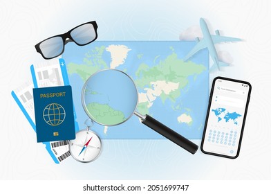 Conceptual illustration of a trip to Barbados with travel gear. World map with compass, passport, tickets, cell phone, plane and glass.