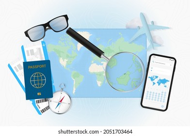 Conceptual illustration of a trip to Brunei with travel gear. World map with compass, passport, tickets, cell phone, plane and glass.