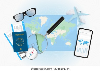 Conceptual illustration of a trip to Chile with travel gear. World map with compass, passport, tickets, cell phone, plane and glass.