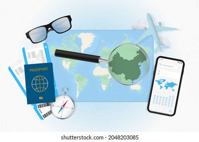 Conceptual illustration of a trip to China with travel gear. World map with compass, passport, tickets, cell phone, plane and glass.