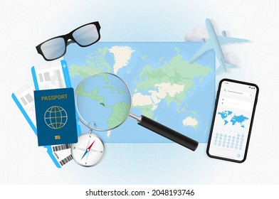 Conceptual illustration of a trip to Costa Rica with travel gear. World map with compass, passport, tickets, cell phone, plane and glass.