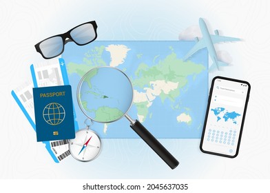 Conceptual illustration of a trip to Dominican Republic with travel gear. World map with compass, passport, tickets, cell phone, plane and glass.