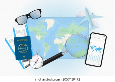 Conceptual illustration of a trip to East Timor with travel gear. World map with compass, passport, tickets, cell phone, plane and glass.