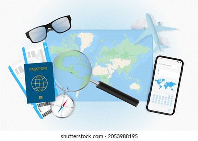 Conceptual illustration of a trip to El Salvador with travel gear. World map with compass, passport, tickets, cell phone, plane and glass.
