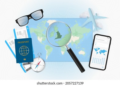 Conceptual illustration of a trip to England with travel gear. World map with compass, passport, tickets, cell phone, plane and glass.