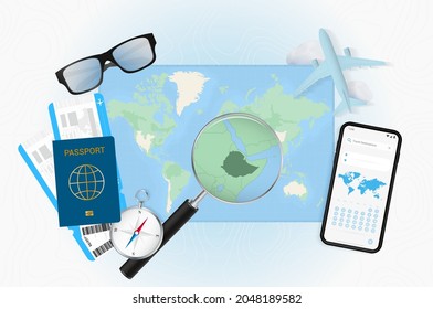 Conceptual illustration of a trip to Ethiopia with travel gear. World map with compass, passport, tickets, cell phone, plane and glass.