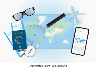 Conceptual illustration of a trip to Honduras with travel gear. World map with compass, passport, tickets, cell phone, plane and glass.