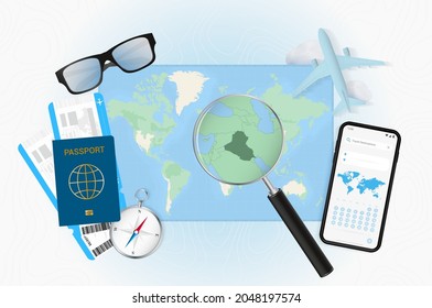 Conceptual illustration of a trip to Iraq with travel gear. World map with compass, passport, tickets, cell phone, plane and glass.