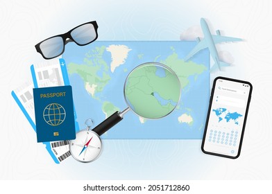 Conceptual illustration of a trip to Kuwait with travel gear. World map with compass, passport, tickets, cell phone, plane and glass.