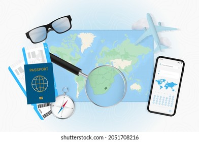 Conceptual illustration of a trip to Lesotho with travel gear. World map with compass, passport, tickets, cell phone, plane and glass.