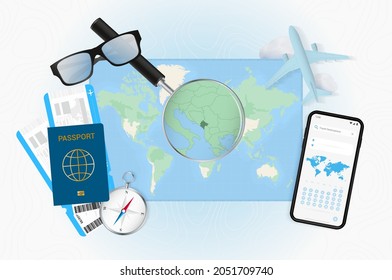 Conceptual illustration of a trip to Montenegro with travel gear. World map with compass, passport, tickets, cell phone, plane and glass.