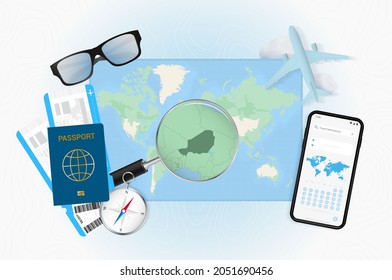 Conceptual illustration of a trip to Niger with travel gear. World map with compass, passport, tickets, cell phone, plane and glass.