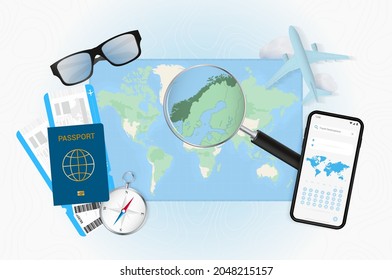 Conceptual illustration of a trip to Norway with travel gear. World map with compass, passport, tickets, cell phone, plane and glass.