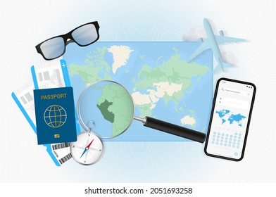 Conceptual illustration of a trip to Peru with travel gear. World map with compass, passport, tickets, cell phone, plane and glass.