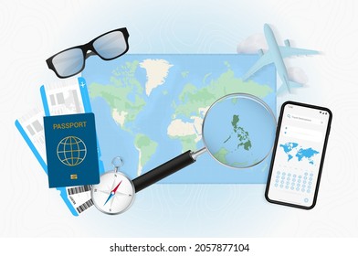 Conceptual illustration of a trip to Philippines with travel gear. World map with compass, passport, tickets, cell phone, plane and glass.
