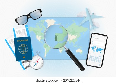 Conceptual illustration of a trip to Portugal with travel gear. World map with compass, passport, tickets, cell phone, plane and glass.