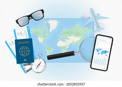 Conceptual illustration of a trip to Samoa with travel gear. World map with compass, passport, tickets, cell phone, plane and glass.