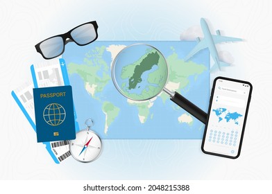 Conceptual illustration of a trip to Sweden with travel gear. World map with compass, passport, tickets, cell phone, plane and glass.