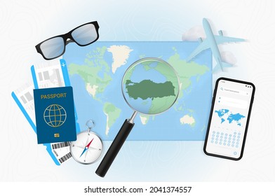 Conceptual illustration of a trip to Turkey with travel gear. World map with compass, passport, tickets, cell phone, plane and glass.
