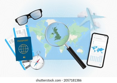 Conceptual illustration of a trip to United Kingdom with travel gear. World map with compass, passport, tickets, cell phone, plane and glass.