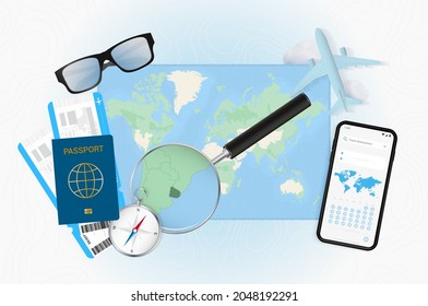 Conceptual illustration of a trip to Uruguay with travel gear. World map with compass, passport, tickets, cell phone, plane and glass.