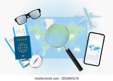 Conceptual illustration of a trip to Vatican City with travel gear. World map with compass, passport, tickets, cell phone, plane and glass.