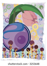 A conceptual illustration of a tulip in a wild retro landscape, drawing contains no gradients.
